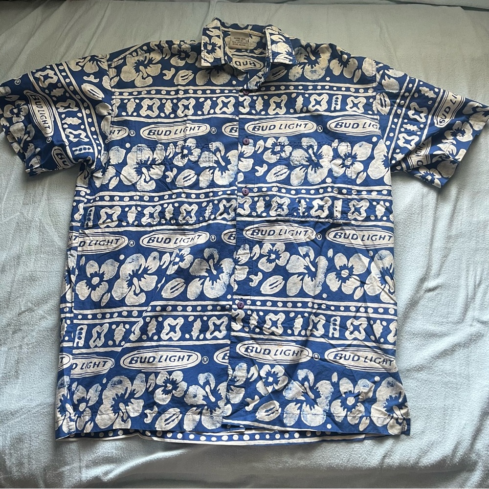 Blue and White Bud Light Button Up Men's Shirt